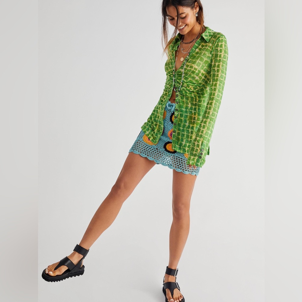 Free People Green Grid Ruched Button-Up Top - Picture 3 of 7